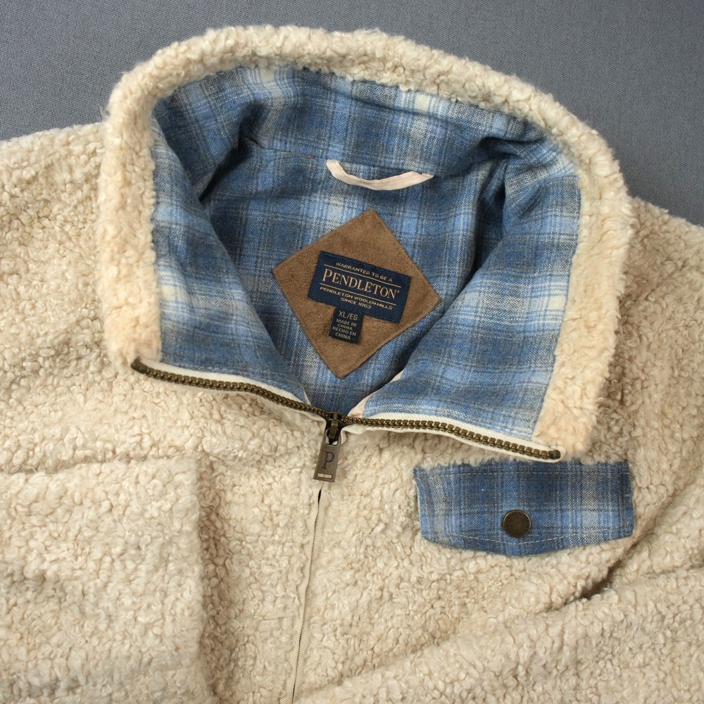 Pendleton Beige Sherpa Fleece Jacket Plaid Wool Lined Full Zip Warm Womens